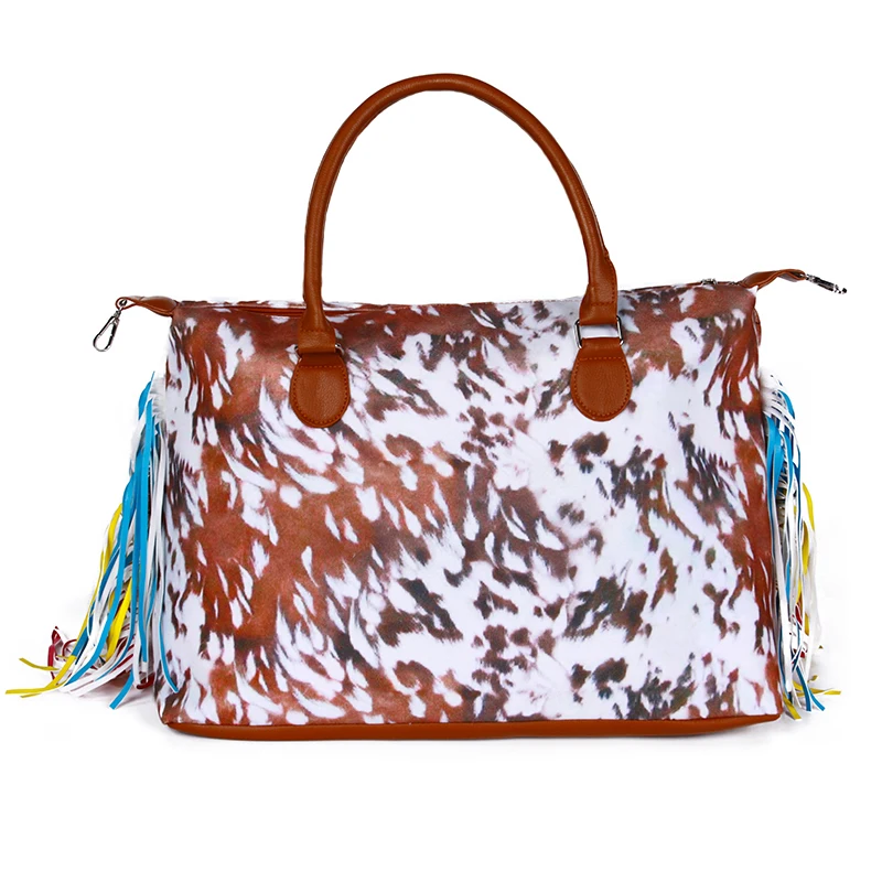 

Wholesale Monogram Large Handbag Brown Cow Animal Printing Fur Leather Travel Bag Fringe Weekend Tote Bag with Tassel, Serape&leopard,leopard,rainbow,sunflower,etc.