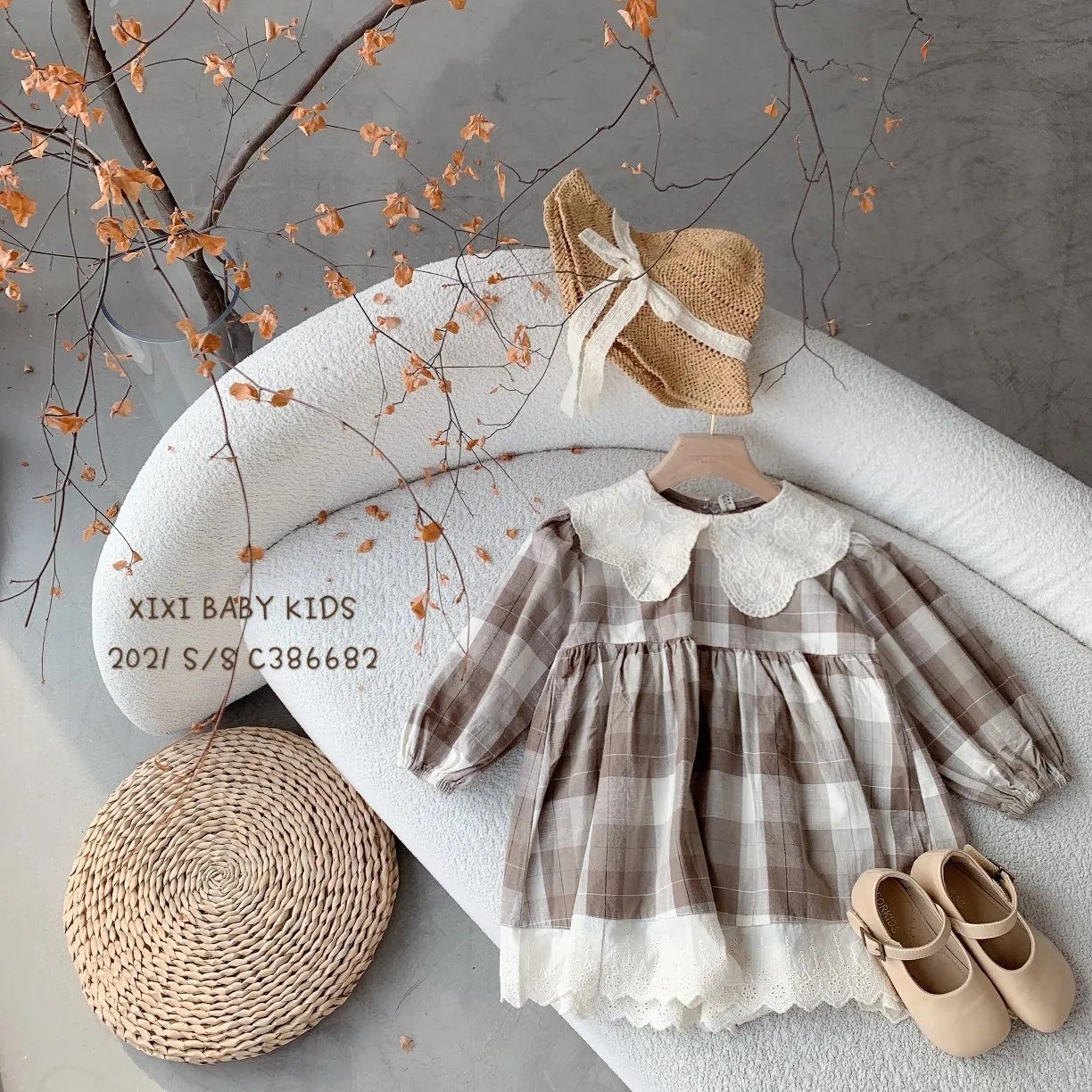 

B112A41 2021Spring new long sleeve little infant baby girls dresses plaid lace kids clothing wholesale children's clothes