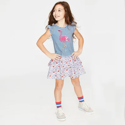 

Wholesale children's clothing summer girl sea horse blue striped floral print flying sleeves dress