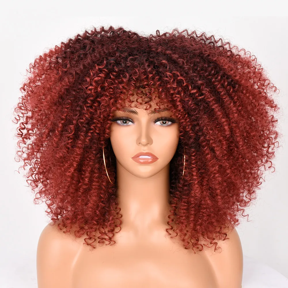 

Synthetic African Blonde Cosplay Wigs Natural Glueless White Green Short Afro Kinky Curly Wigs With Bangs For Black Women