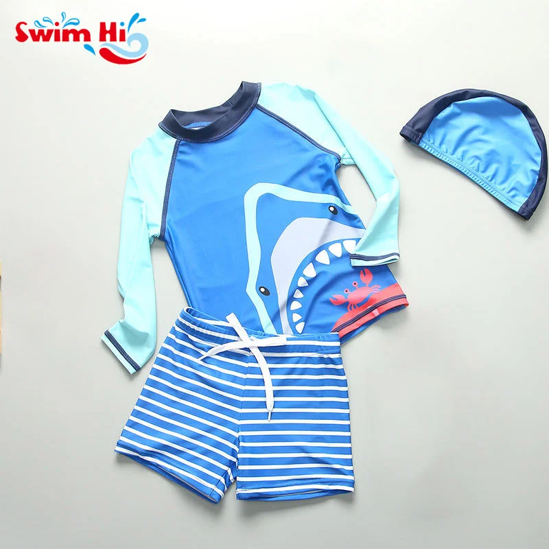

UPF 50+ Little Boys Long Sleeve Rash Guard Swim Shirt Sun Shirt with Swim Shorts 1-8 years boy's Swimwear