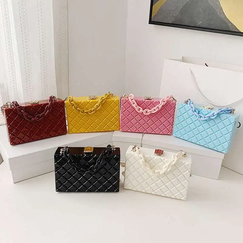 

new fashion acrylic candy color chain clutch bags women handbags geometric PVC box crossbody ladies hand bags purses 2021, Yellow, red, blue, black, pink, white