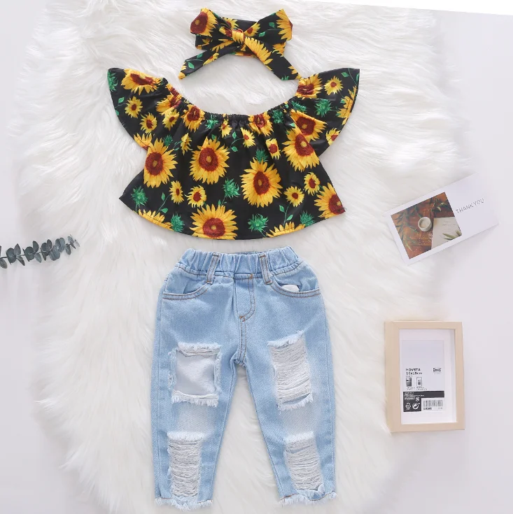 

Amazon Hot sell cute summer baby girls clothes set wholesale kids clothing sunflower printing ripped jean pants 3pcs, As picture