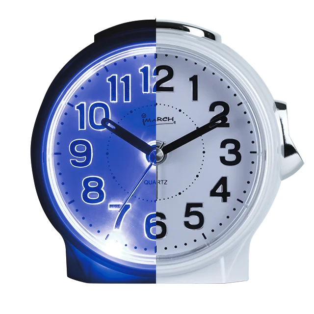 

Imarch BB09604 OEM snooze LED back light with 5 seconds delay step sweep quartz analog bi bi alarm clock, Black white silver blue or customize