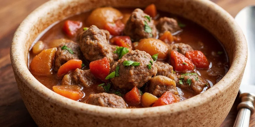 Finished beef stew with fresh herbs garnished