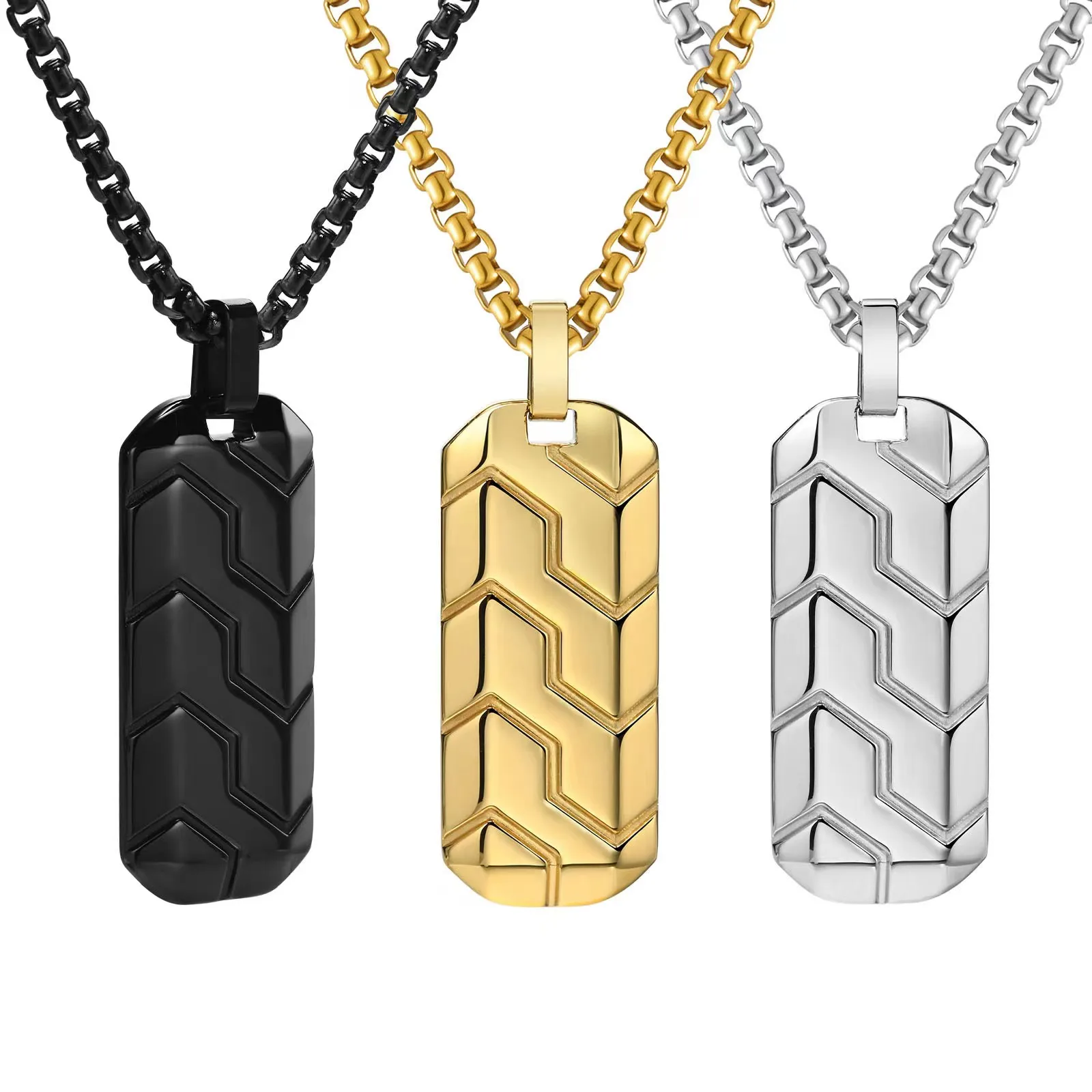 

Stainless Steel Mens Jewelry Classic Men's Necklace Square Tire Patterns Pendant Hip Hop Necklace