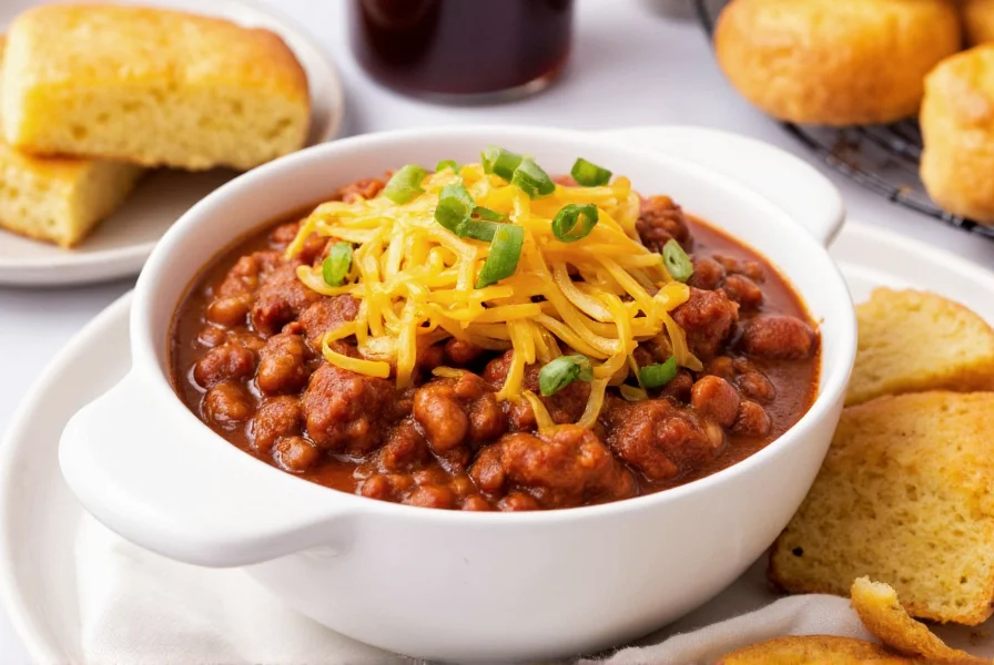 Finished simple chili recipe served in white bowl with cheese topping and cornbread on side