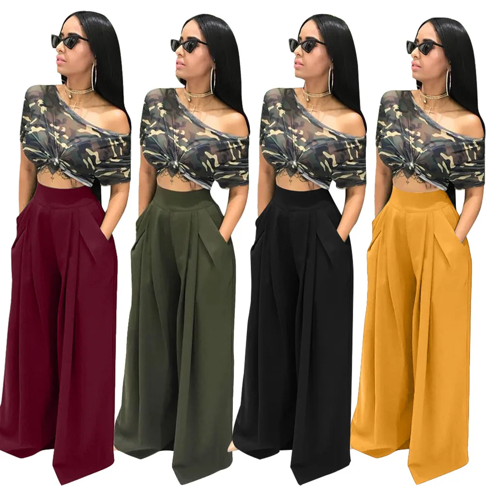 

New Women Cheap Wholesale Factory Price New Women Fashion Street Long Wide Leg Pants Casual Flared Trousers Pants