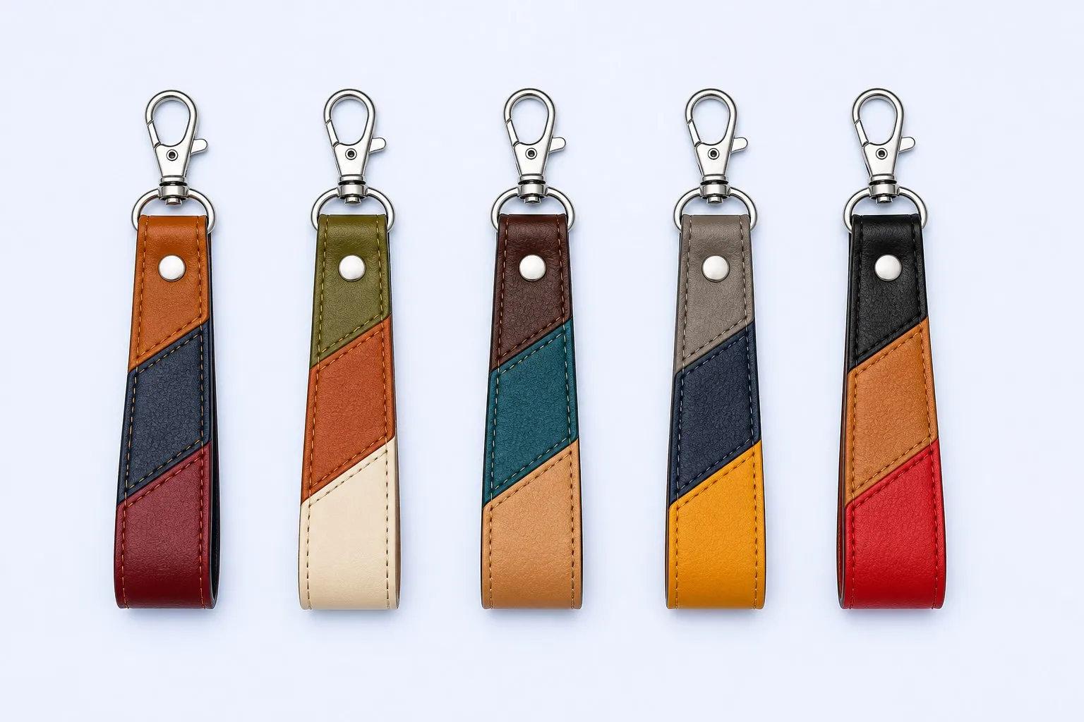 Five multicolor leather wrist strap keychains in a row