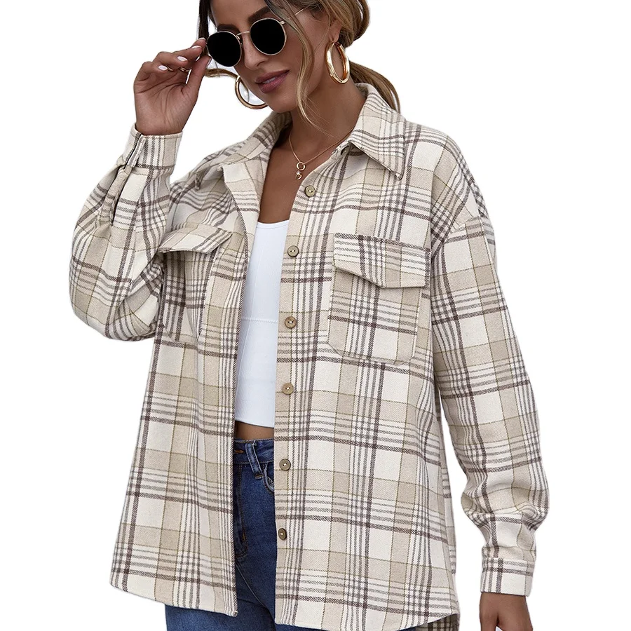 

LH2 2021 New Arrival Spring Women's Single-Breasted Casual Plaid Printed Cardigan Cotton Lapel Shirt Long-Sleeved Shirts, Picture color