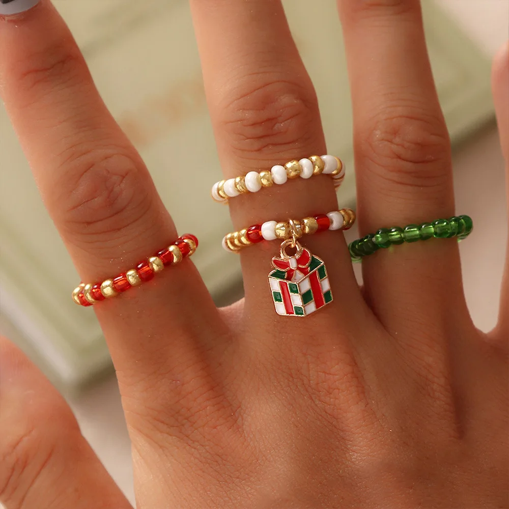 

4 Pcs/set Wholesale Fashion Colourful Gift Elk Christmas Rings Set Gold Beaded Ring For Women