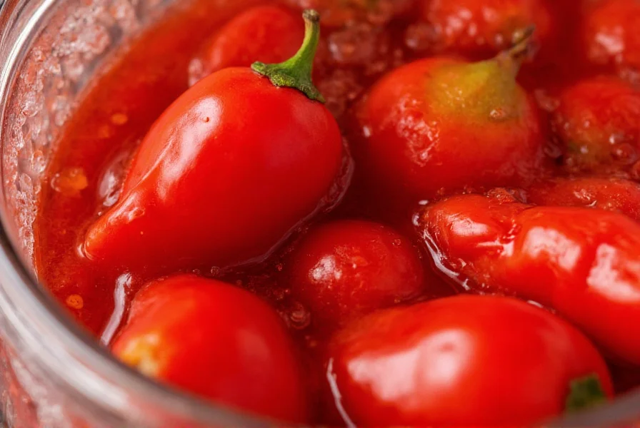 Close-up of red chili peppers fermenting in glass jar with bubbling activity visible