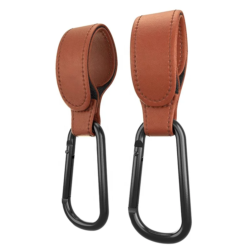 

High Quality Baby Pushchair Pram hook Wholesale Carabiner Leather Pram Hooks Clip For Baby Stroller, Black, brown or customised