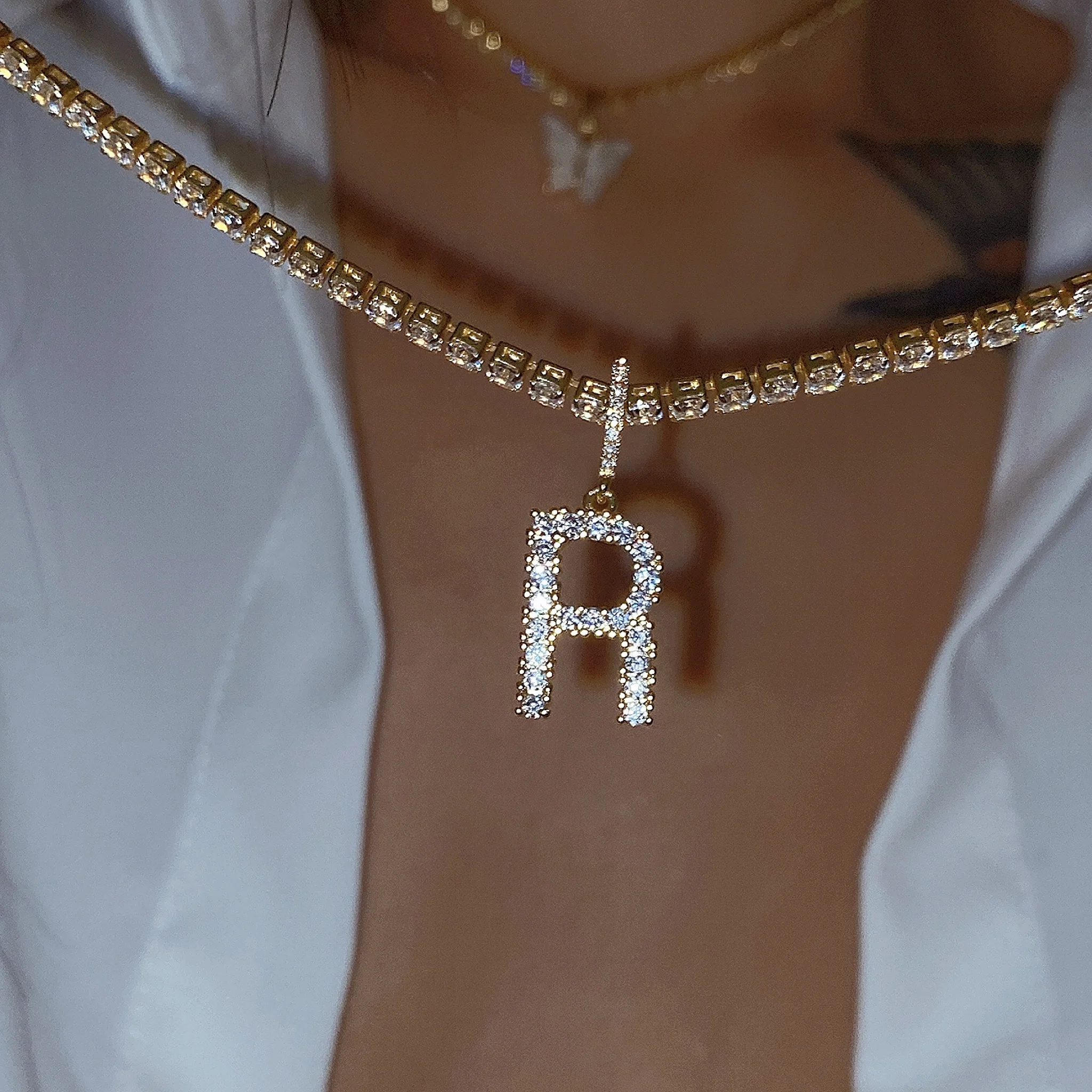 

18K Gold Plated Trendy CZ Initial Necklace Diamond Iced Tennis Personalized Name Choker Necklace Initial Letter Pendant Necklace, Customizable letters