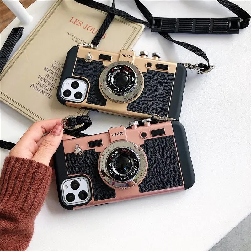 

Camera Design Crossbody Display Multiple Lenses Cell Phone Case For iphone 11 12 mini 13 Pro Max Stand Cover Case