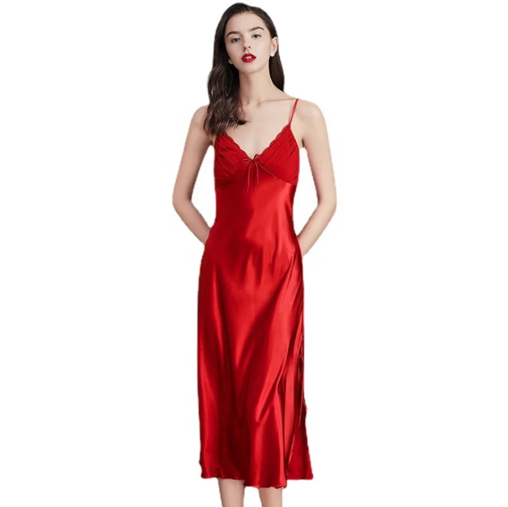 

2021 new trendy Large size sling pajamas women summer ladies ice silk silk nightdress sexy long home wear