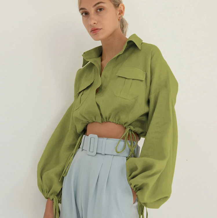 

2021 New Fall Green Drawstring Cotton Linen Turn-Down Collar Blusas De `Mujer Long Sleeve Crop Top Ladies' Blouses, Pink
