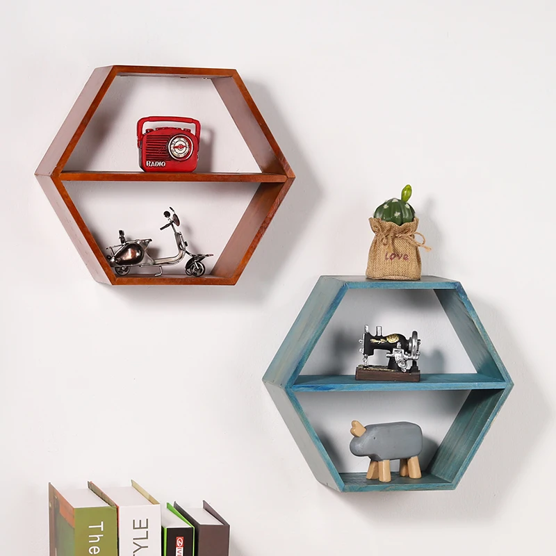 

New creative hot selling household items wooden hexagonal wall storage rack family wall-mounted kitchen storage rack, Retro color,blue