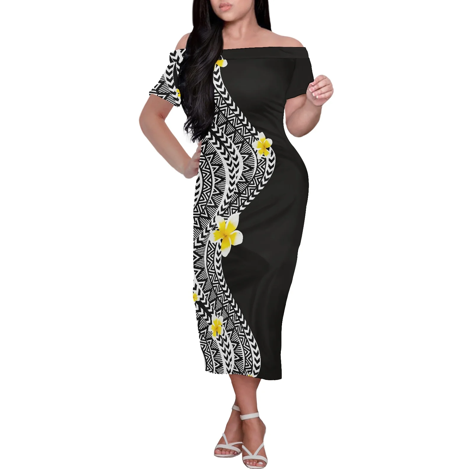 

Vintage Ladies Bodycon Dresses Hawaiian Polynesian Tribal Floral Print Custom Designer Women's Short Sleeve Off Shoulder Dresses, Customized color