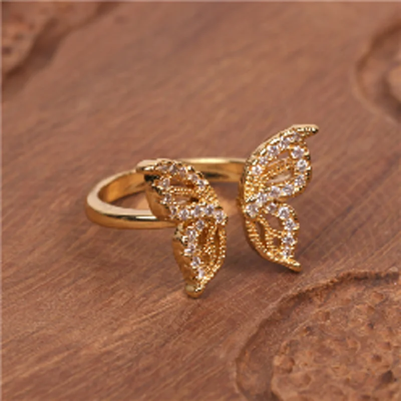 

Fashion new zircon adjustable 18K female girl women diamond rings butterfly gold jewelry