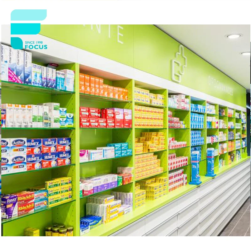 Focus Customized Medical Shop Interior Decoration Pharmacy Shelving Modern Medical Store Counter Design