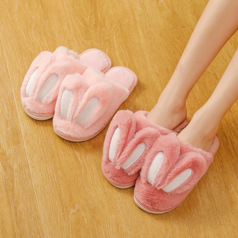 

Cute Bunny Home Fur Slipper For Women Warm Plush Winter Bedroom Girls Rabbit Furry Women Slippers, As pictures