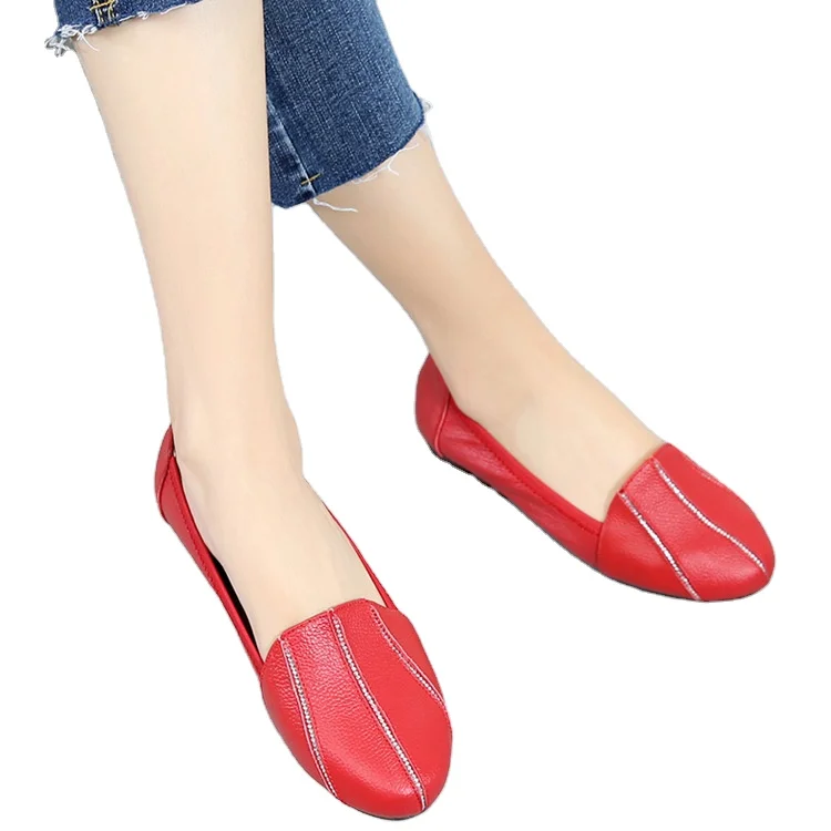 

First layer genuine leather single shoes anti slip flat bottomed women's shoes middle-aged mother's round head nurse's shoes