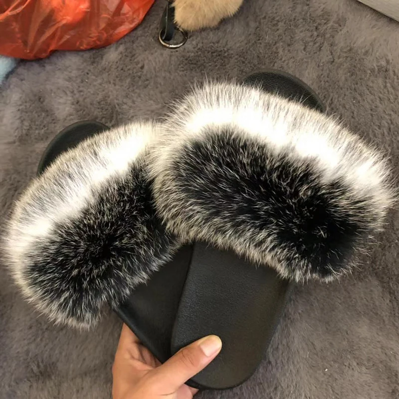 
China manufacture High Quality Furry Women raccoon fur slipper Slippers rainbow sandals fur slides 