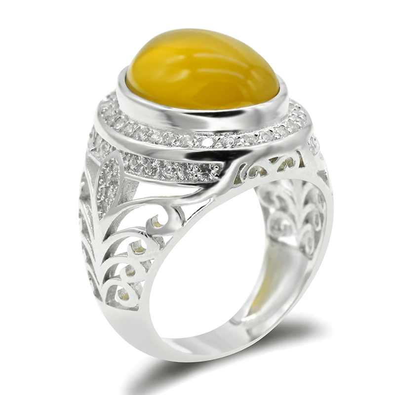 

Custom Fashionable 925 Sterling Silver Engraved Turkish Men Rings White Gold Plated Yellow Agate Finger Ring