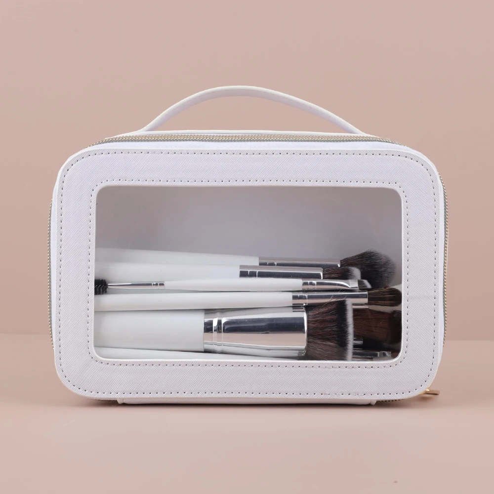 

HMU Rich Stock White Luxury Leather Women Custom Logo Waterproof Storage Pouch Cosmetic Makeup Bag For Makeup