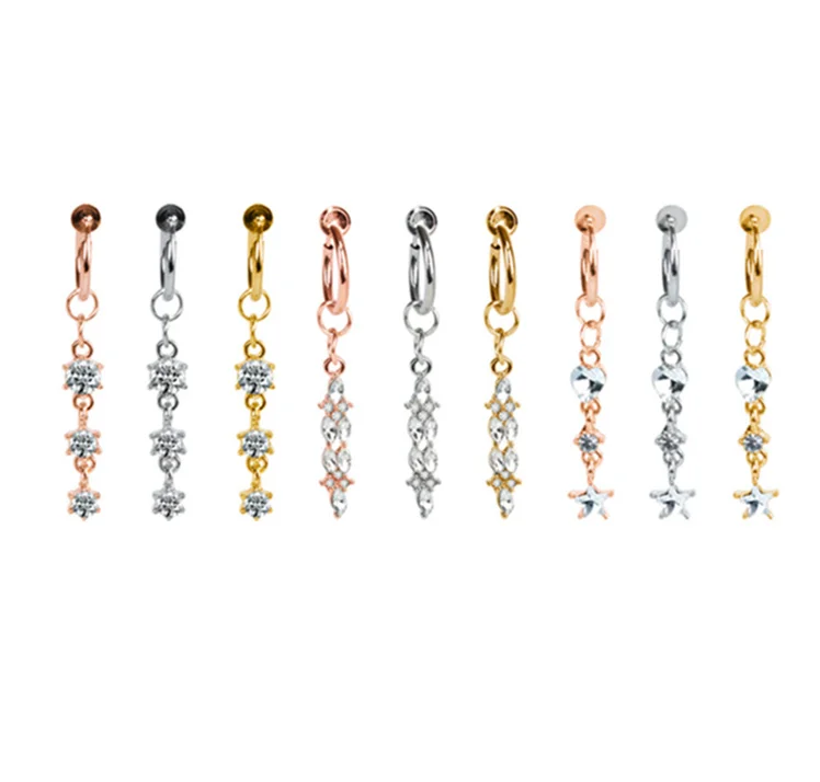 

New Shiny Butterfly Star Clear Zircon Fake Navel Piercing For Women Summer Non Piercing 316L Stainless Steel Dangling Belly Ring, Silver/gold/rose gold