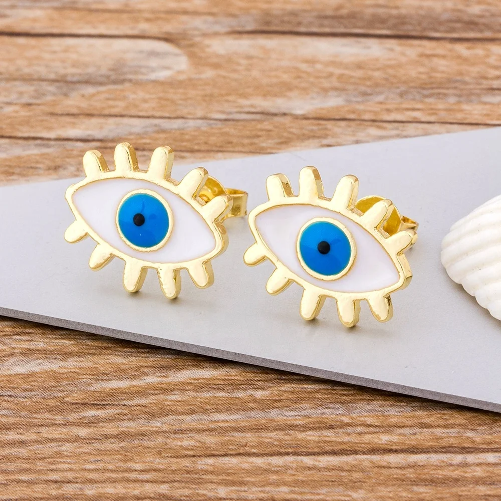 

Fashion Stud Earrings Gold Color Blue Evil Eye Shape Earrings Copper CZ Charms Jewelry Gift For Women Girls Wholesale, Black, white, red
