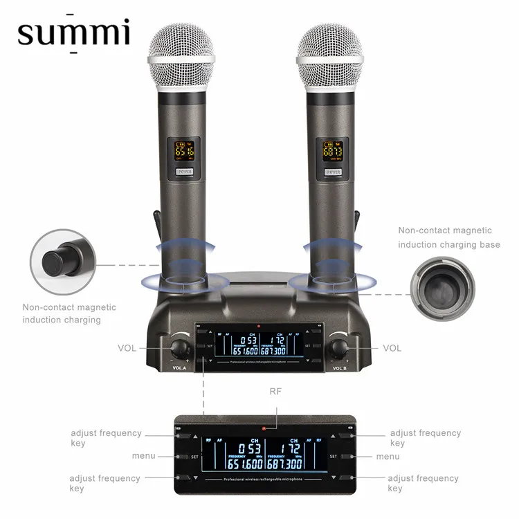 

Wireless Microphone UHF Metal Dual Handheld Dynamic Mic Karaoke System UHF microphone one for two KTV family performance