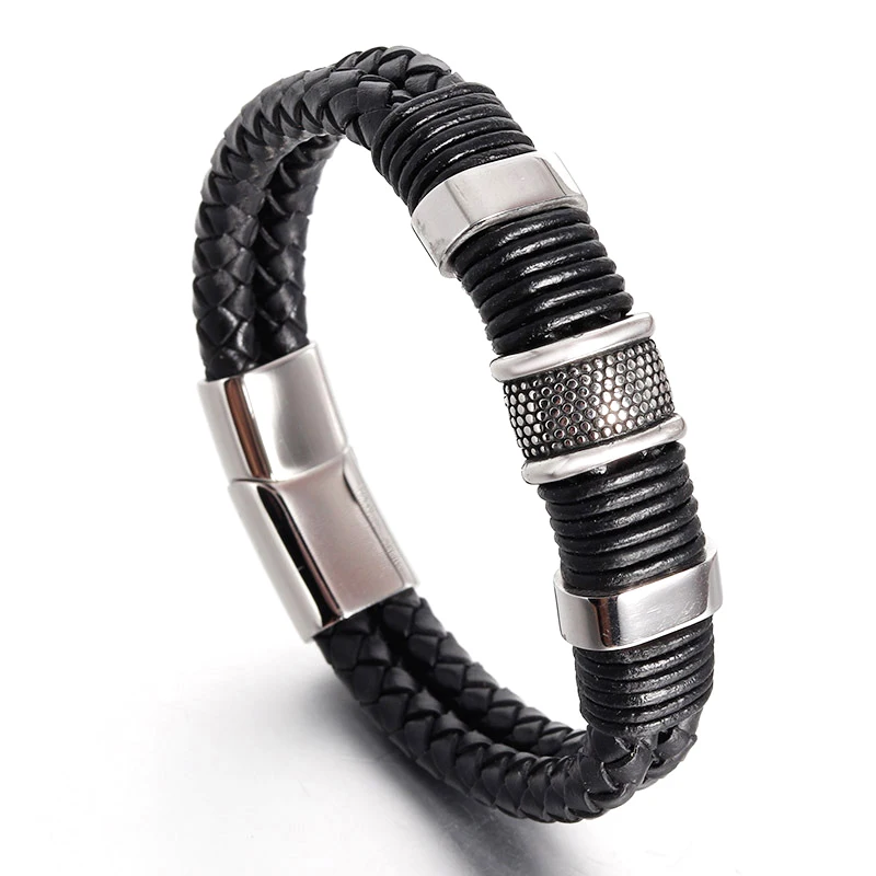 

Trendy Genuine Leather Bracelets Men Stainless Steel Multilayer Braided Rope Bracelets for Male Leather Bracelet Charms Jewelry