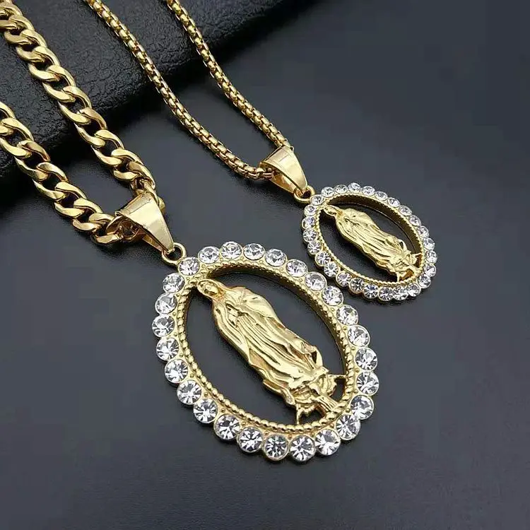 

Gold Plated Stainless Steel Hip Hops Hollow Mary Pendant Necklace Shiny Crystal Virgin Mary Pendant Necklace