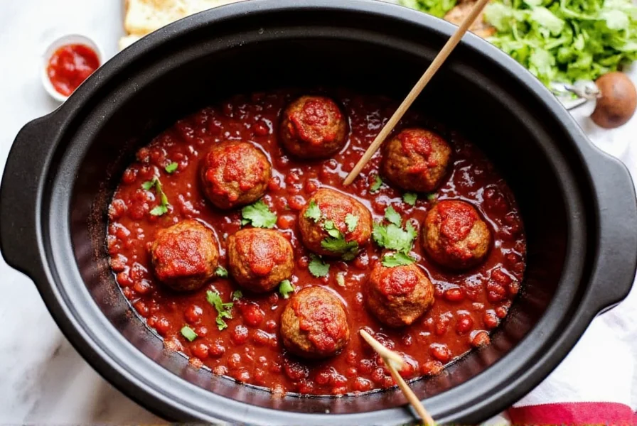 Cranberry chili sauce meatballs served in slow cooker with toothpicks and garnish