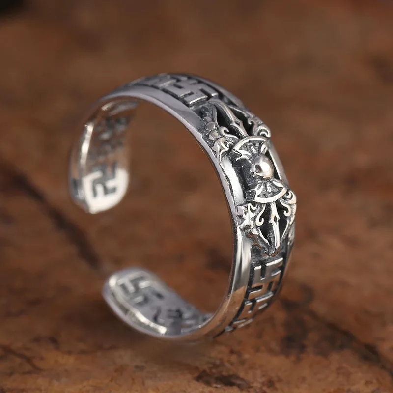 

Wholesale S925 Sterling Silver Ring for Men and Women Retro Adjustable Opening Simple Vajra Pattern Ring Buddhist Jewelry