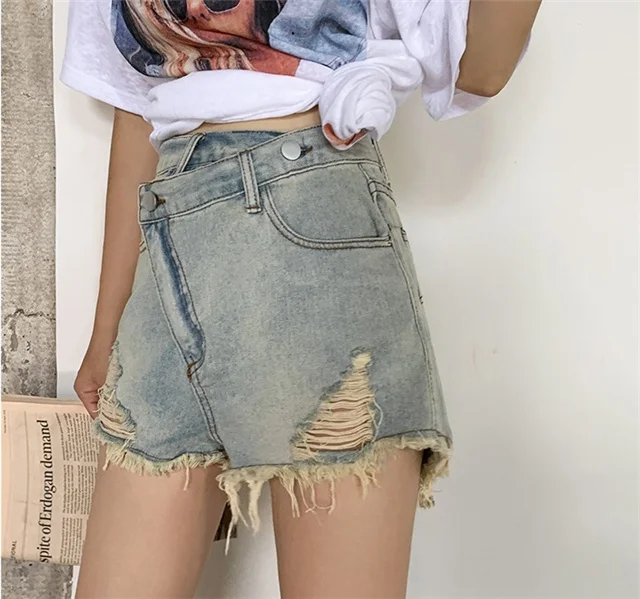 

New Personality Irregular Fashion All-match High Waist Ripped Short Jeans, Picture color