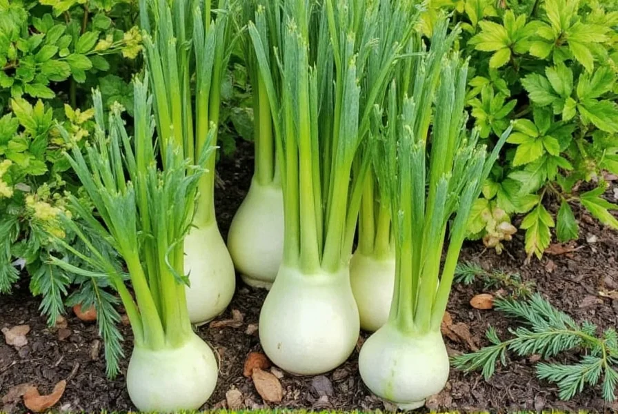 Healthy fennel plants showing proper bulb development with surrounding companion plants