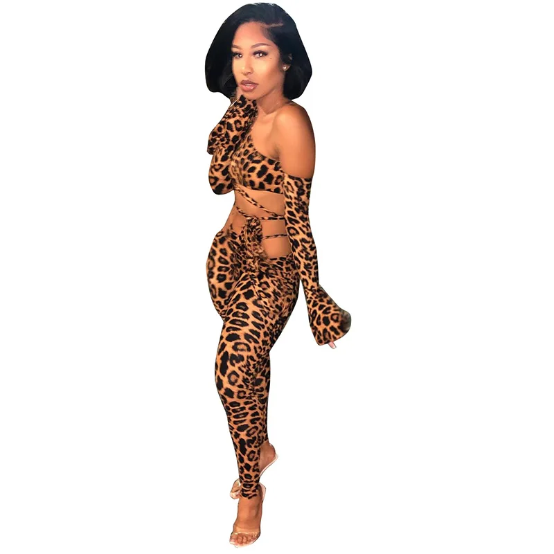 

2021 spring and summer hot sale women's sexy oblique shoulder leopard fashion sweat suits, As the picture shows