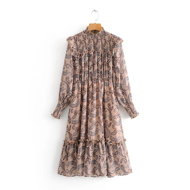 

Latest design long sleeve ruffle shoulder women printed casual midi dress