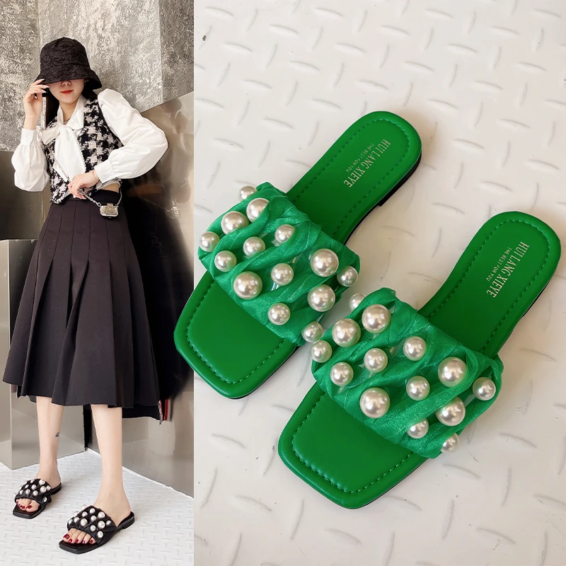 

Women Square Toe Candy Color Sandals Ladies Flat Slip On Women Slippers Green Hot Sale Summer PVC Beach Slippers