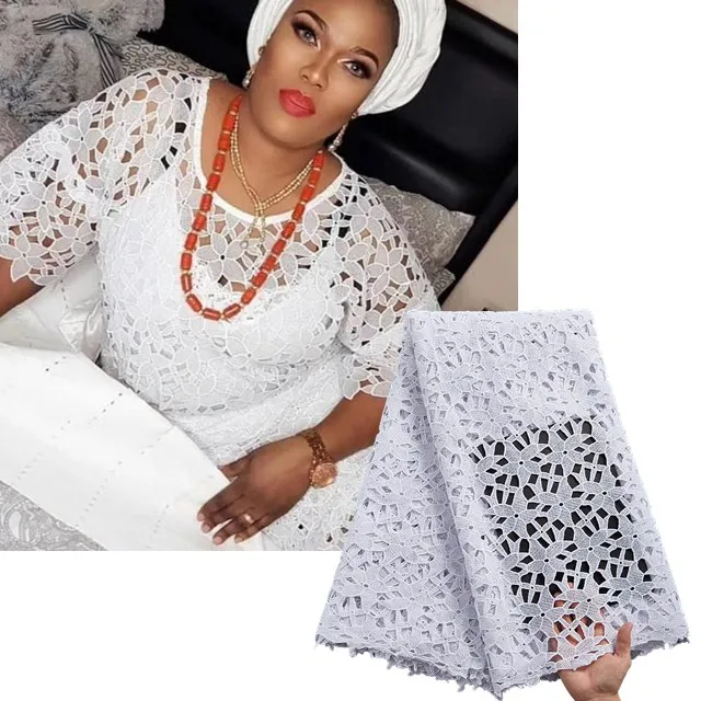 

2368 Pure White African Embroidery Flower Cord Lace Fabric Nigerian Guipure Lace Fabric With Stones Wholesale, Shown