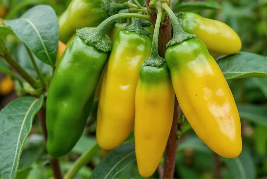 Zephyr chili peppers showing color transition from green to golden yellow on plant