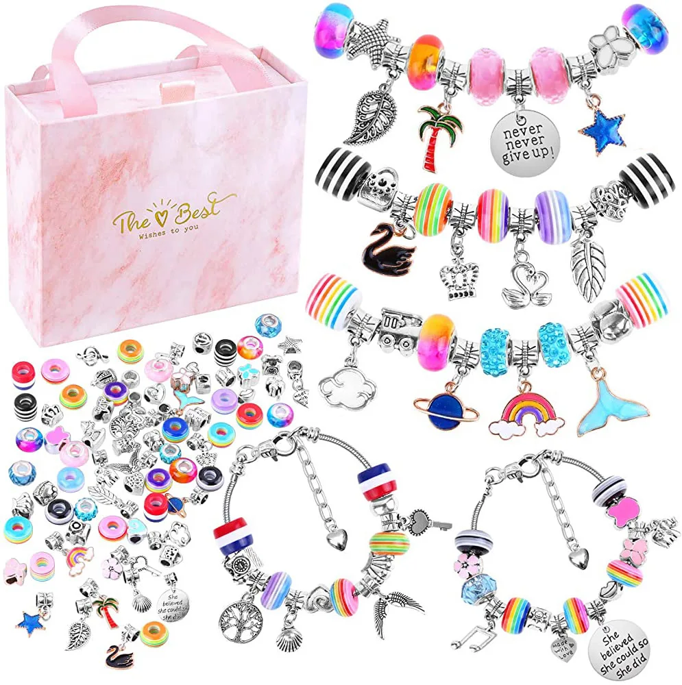 

Amazon Hot Selling 85 Gift Bracelets Cartoon Children DIY Handmade Jewelry Box Set Alloy Beaded Charm Bracelet Set