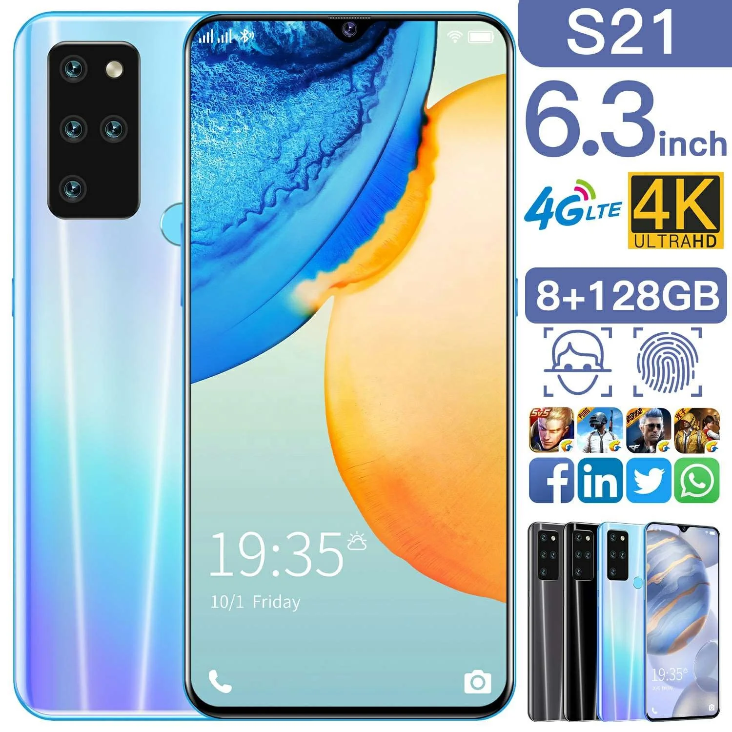 

Hot Sale S21 Pro Android 10.0 Smartphone 6.3 Inches Large Memory 8GB+128GB thin Unlock Dual Card