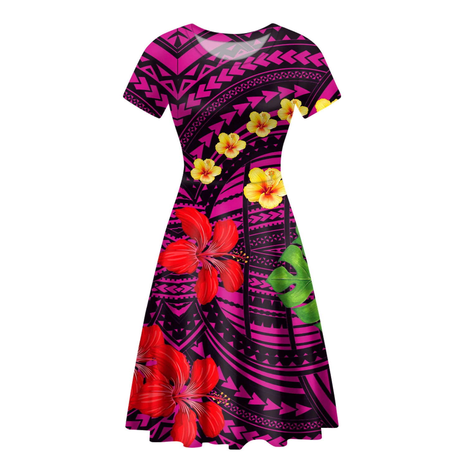 

POD Polynesian Traditional Tribal Style Print Women Casual Dresses Wholesale Fashion Short Sleeve Dress For Women Casual Dresses, Customized color