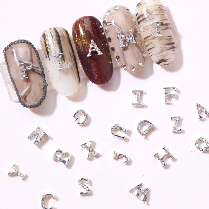 

Paso Sico Japanese Design Silver Colors 26 English Letter Words A-Z DIY Alloy Nail Art Charms for 3D Design with Diamond Stone