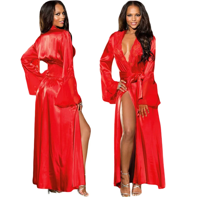 

2021 New Design New Arrival Sexy Night Gown For Women Bath Silk Satin Long Lingerie Robe Longue Femme, Red, white, black