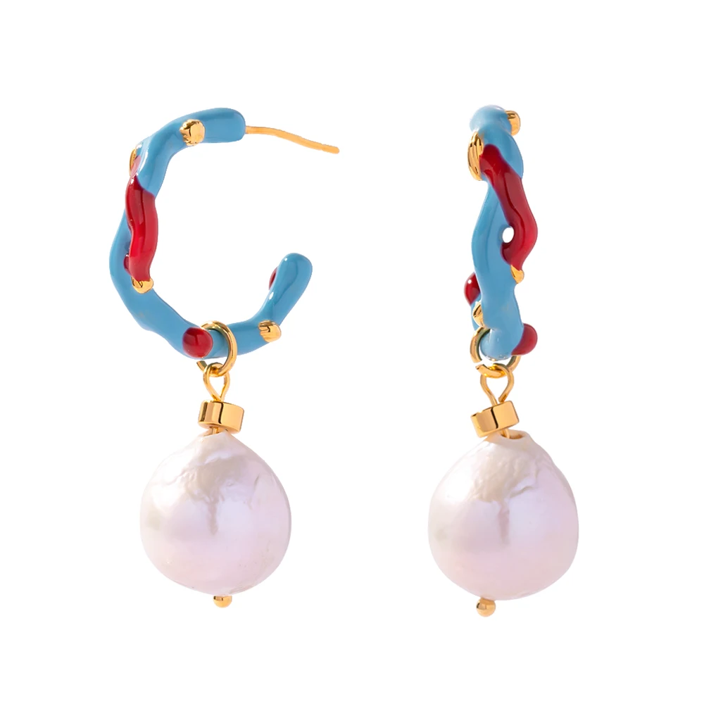 

90s Vintage Freshwater Pearl Earring Colorful Enamel Glaze CC Shape 18K Gold Plated Pendant Earring